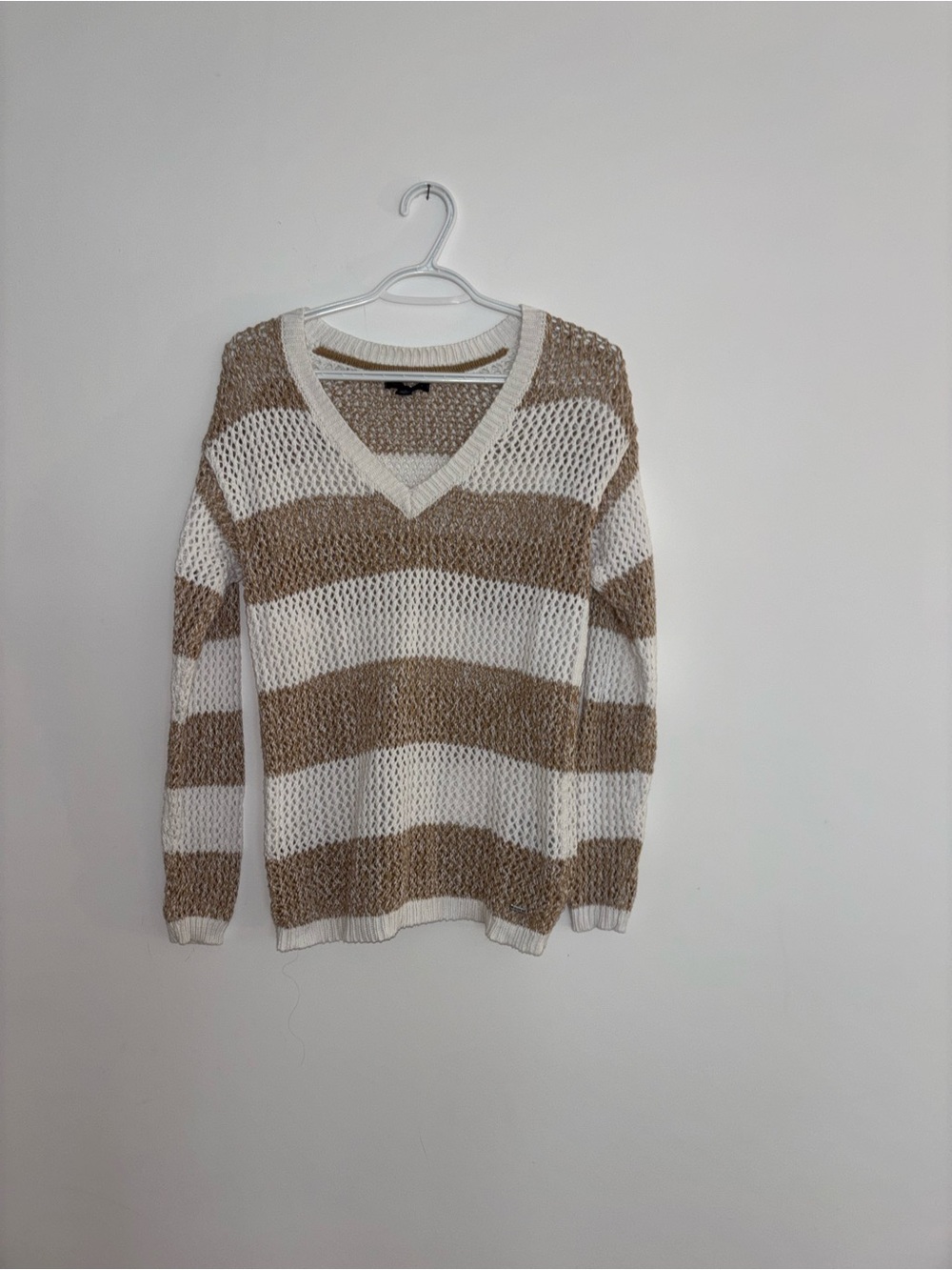 Tommy Hilfiger Cream and Beige Striped V-Neck Open-Knit Sweater